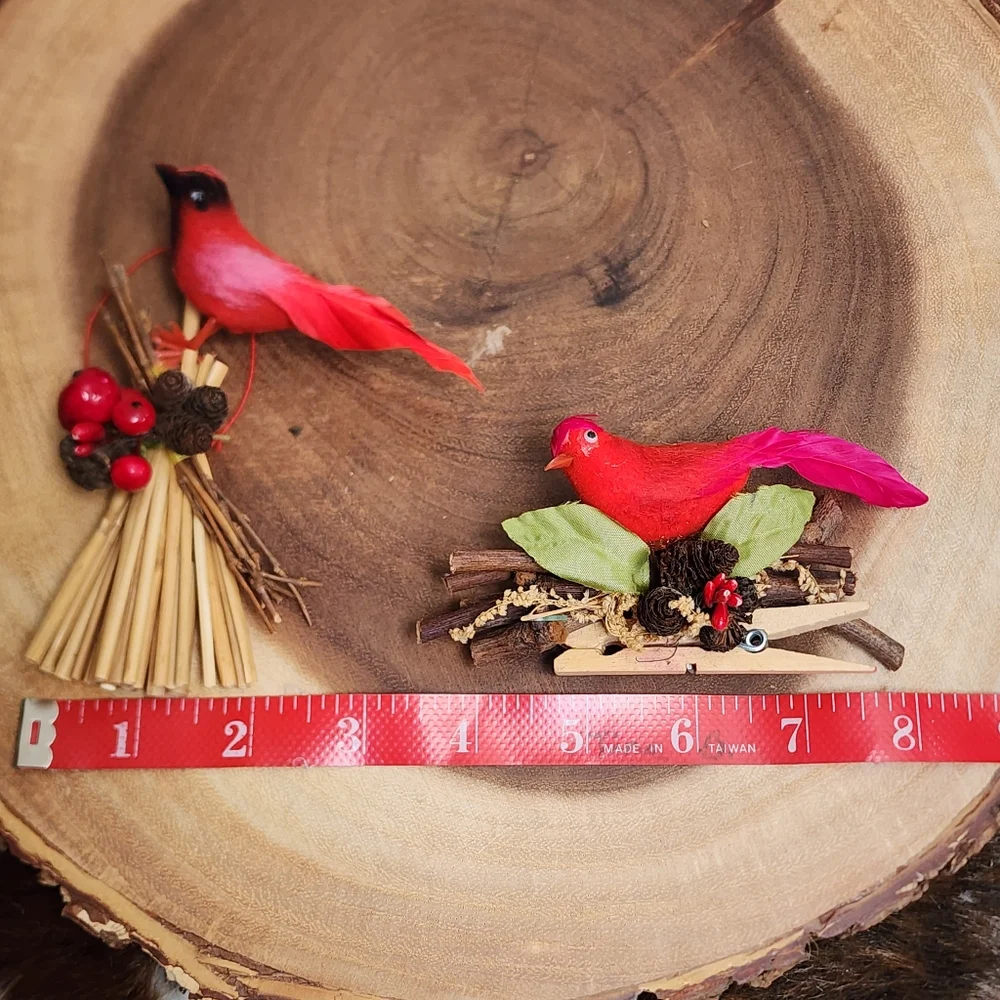Set of 2 Vintage Feathered Bird Ornaments Holiday Wreath Decor